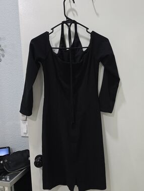 Black Long-Sleeve Halter-Back Midi Dress with Tie